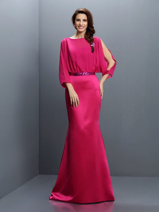 Trumpet/Mermaid Bateau Sash/Ribbon/Belt Long Sleeves Long Chiffon Bridesmaid Dresses CICIP0005516