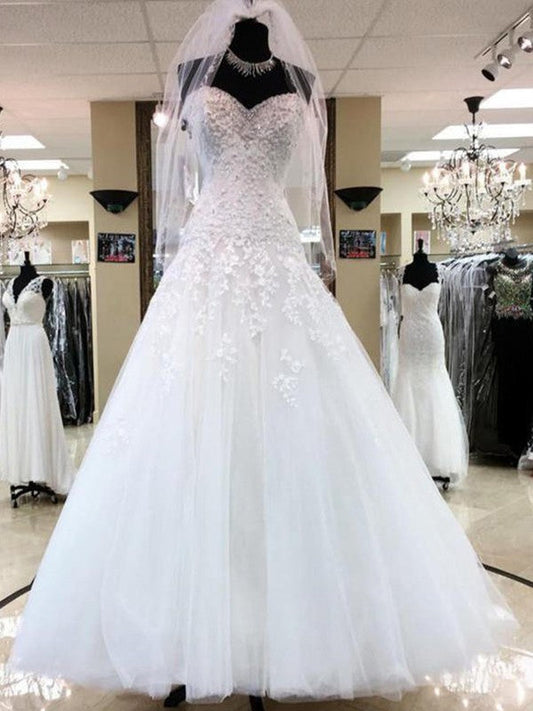 Ball Gown Sleeveless Sweetheart Applique Tulle Floor-Length Wedding Dresses CICIP0006561