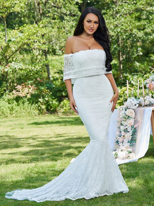 Trumpet/Mermaid Lace Ruffles Strapless Sleeveless Sweep/Brush Train Wedding Dresses CICIP0006439