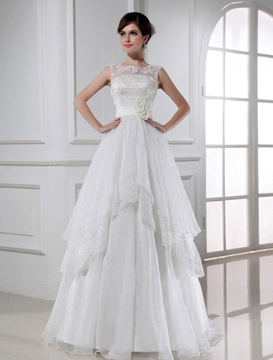 A-Line/Princess Beading Sleeveless Long Lace Organza Wedding Dresses CICIP0006916