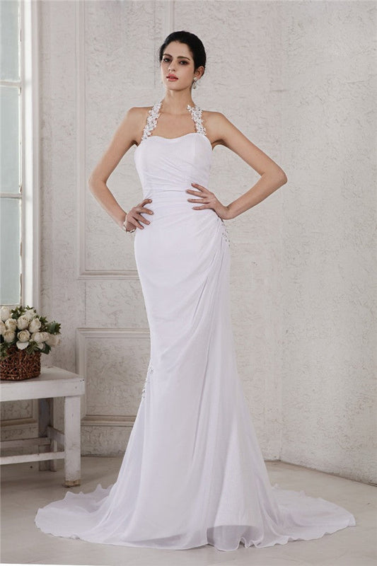 Trumpet/Mermaid Halter Sleeveless Beading Applique Long Chiffon Wedding Dresses CICIP0006867