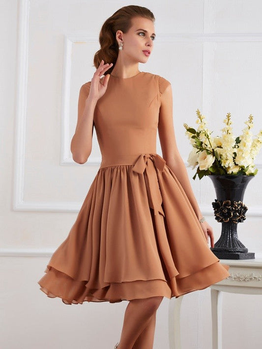 Sheath/Column High Neck Sleeveless Sash/Ribbon/Belt Short Chiffon Bridesmaid Dresses CICIP0005092