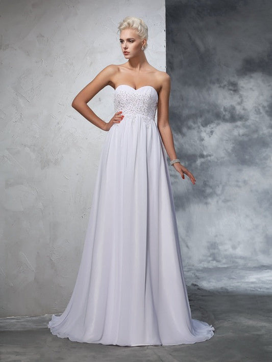 A-Line/Princess Sweetheart Beading Sleeveless Long Chiffon Wedding Dresses CICIP0006780