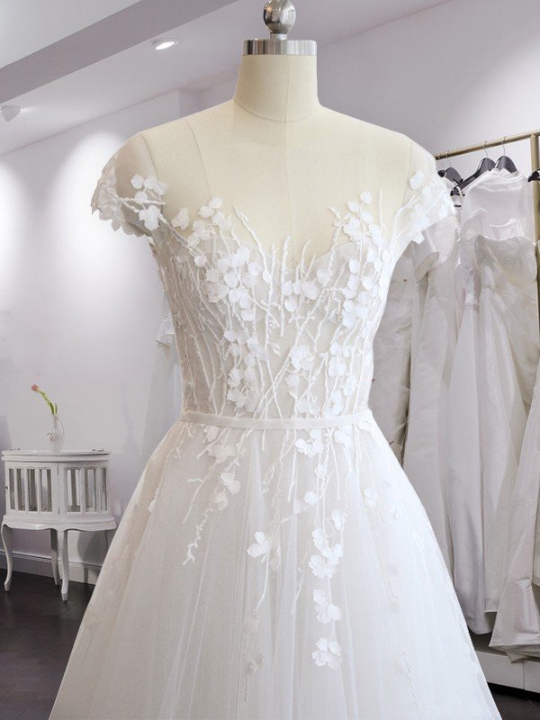 A-Line/Princess V-neck Court Train Short Sleeves Applique Tulle Wedding Dresses CICIP0006488