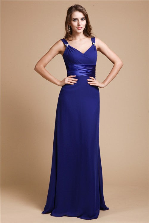 Sheath/Column V-neck Sleeveless Ruffles Long Chiffon Bridesmaid Dresses CICIP0005526