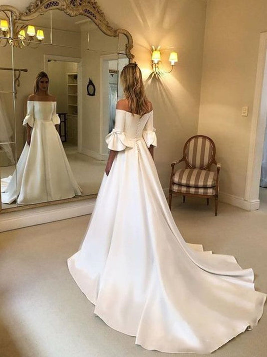 A-Line/Princess Off-the-Shoulder Charmeuse Ruffles 3/4 Sleeves Court Train Wedding Dresses CICIP0006955