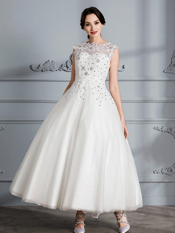 Ball Gown Scoop Sleeveless Tea-Length Tulle Wedding Dresses CICIP0006628