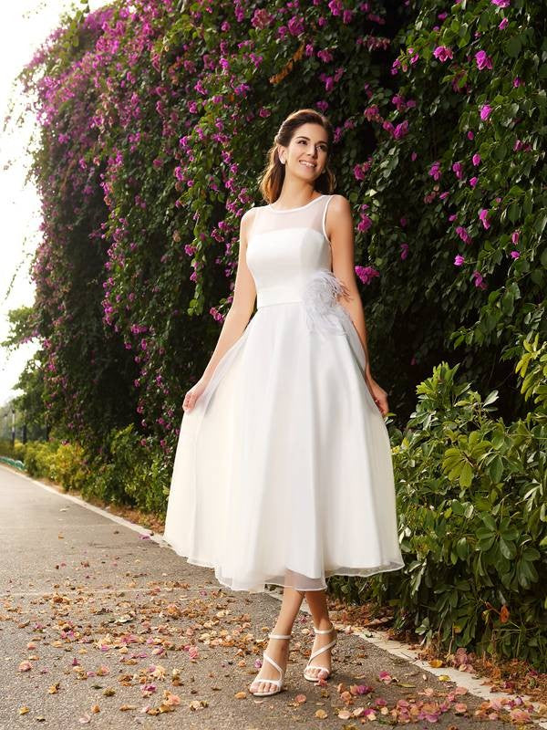 A-Line/Princess Bateau Sash/Ribbon/Belt Sleeveless Long Satin Wedding Dresses CICIP0006595