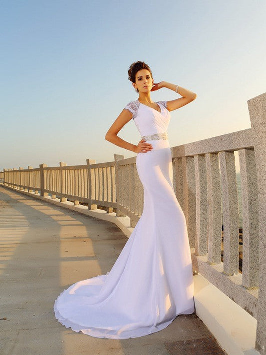 Sheath/Column V-neck Beading Sleeveless Long Chiffon Beach Wedding Dresses CICIP0006314