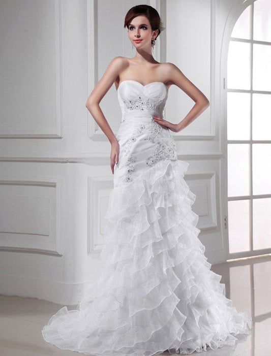 Trumpet/Mermaid Beading Sweetheart Sleeveless Applique Organza Wedding Dresses CICIP0006924