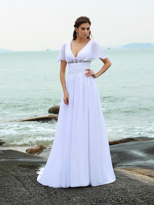 A-Line/Princess V-neck Ruffles Short Sleeves Long Chiffon Beach Wedding Dresses CICIP0006230