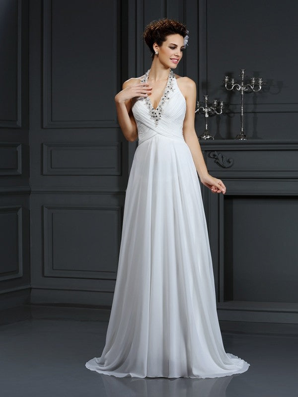 A-Line/Princess Halter Beading Sleeveless Long Chiffon Wedding Dresses CICIP0006421