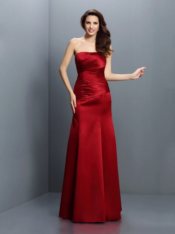 Sheath/Column Strapless Pleats Sleeveless Long Satin Bridesmaid Dresses CICIP0005635