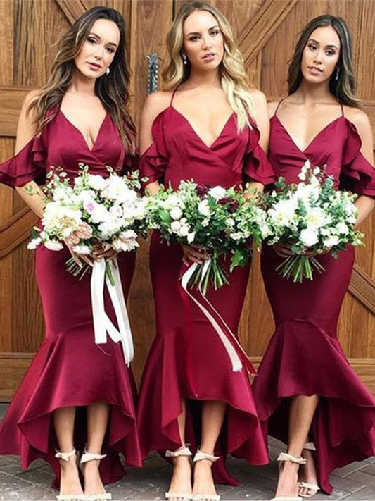 Trumpet/Mermaid Elastic Woven Satin Ruffles Spaghetti Straps Sleeveless Asymmetrical Bridesmaid Dresses CICIP0005302