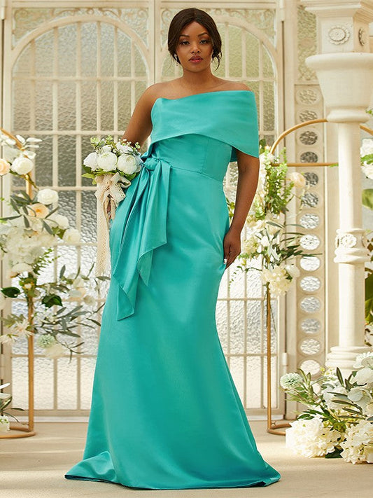 Sheath/Column Satin Ruched One-Shoulder Sleeveless Sweep/Brush Train Bridesmaid Dresses CICIP0004923