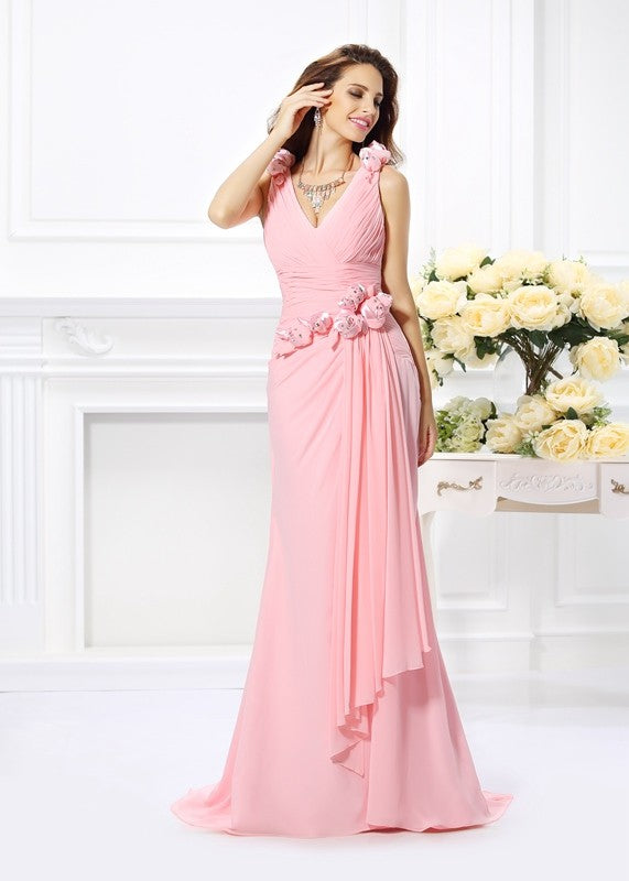 Trumpet/Mermaid V-neck Hand-Made Flower Sleeveless Long Chiffon Bridesmaid Dresses CICIP0005122