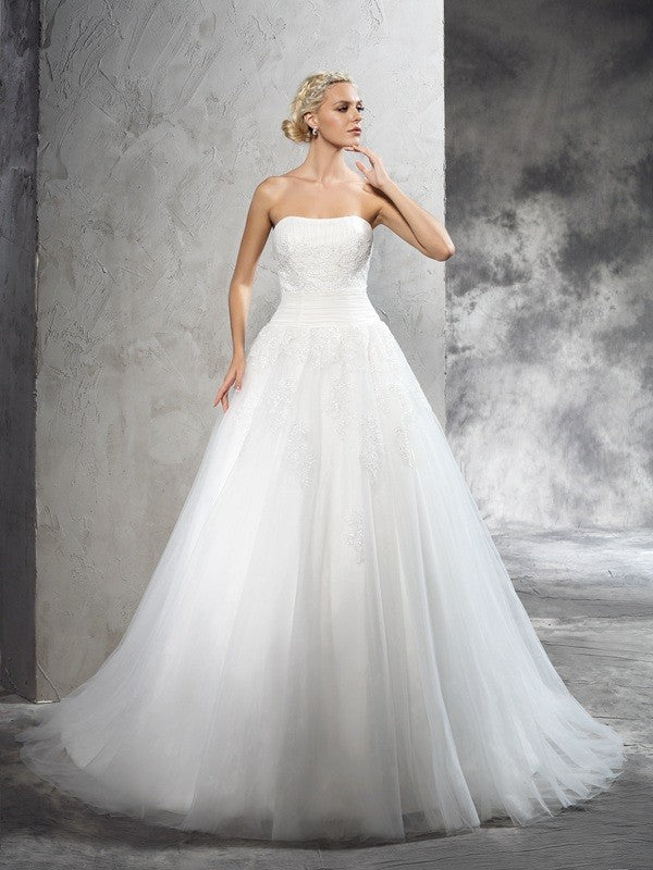 Ball Gown Strapless Applique Sleeveless Long Satin Wedding Dresses CICIP0006676