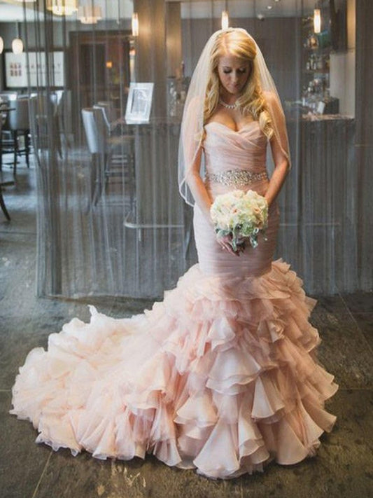 Trumpet/Mermaid Sleeveless Sweetheart Court Train Ruffles Organza Wedding Dresses CICIP0006324