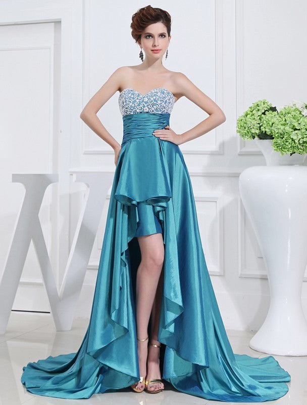 A-Line/Princess Beading Sweetheart High Low Sleeveless Taffeta Dresses CICIP0004263