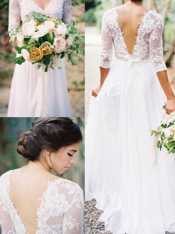 A-Line/Princess 1/2 Sleeves V-neck Floor-Length Applique Lace Chiffon Wedding Dresses CICIP0006413