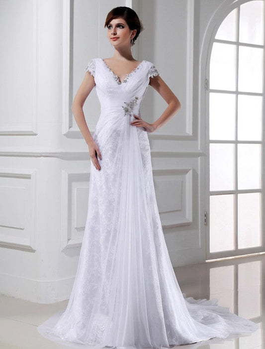 A-Line/Princess Beading V-neck Long Sleeveless Tulle Wedding Dresses CICIP0006660