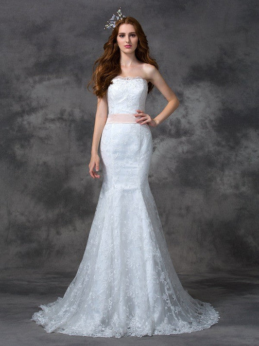 Trumpet/Mermaid Strapless Sash/Ribbon/Belt Sleeveless Long Lace Wedding Dresses CICIP0006769