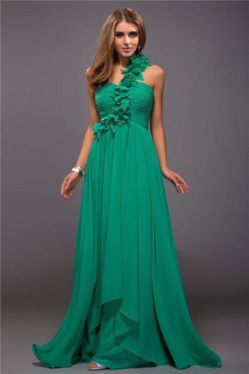 Sheath/Column One Shoulder Ruffles Sleeveless Hand-Made Flower Long Chiffon Dresses CICIP0004273