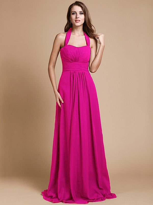 A-Line/Princess Halter Sleeveless Long Ruffles Chiffon Bridesmaid Dresses CICIP0005483