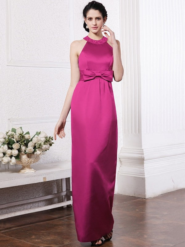 Sheath/Column Scoop Sleeveless Beading Bowknot Long Elastic Woven Satin Bridesmaid Dresses CICIP0005506