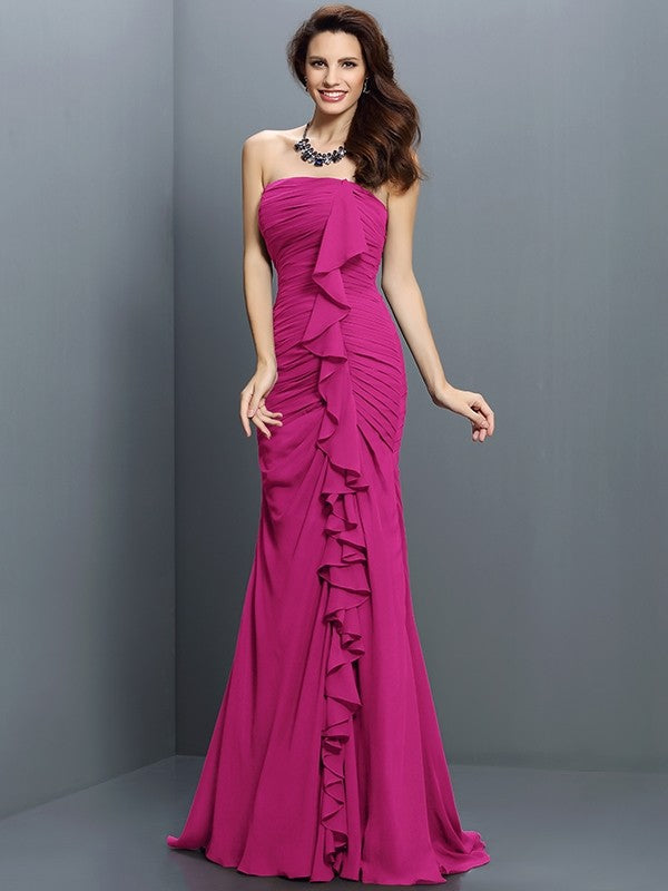 Trumpet/Mermaid Strapless Pleats Sleeveless Long Chiffon Bridesmaid Dresses CICIP0005428