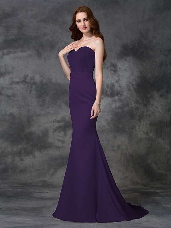 Trumpet/Mermaid Sweetheart Beading Sleeveless Long Satin Chiffon Bridesmaid Dresses CICIP0005321