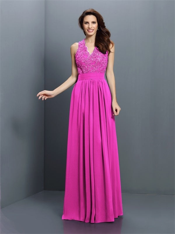 A-Line/Princess V-neck Applique Sleeveless Long Chiffon Bridesmaid Dresses CICIP0005255