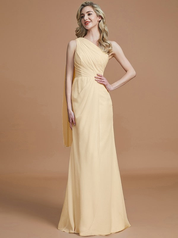 Sheath/Column One-Shoulder Sleeveless Floor-Length Chiffon Bridesmaid Dresses CICIP0005565