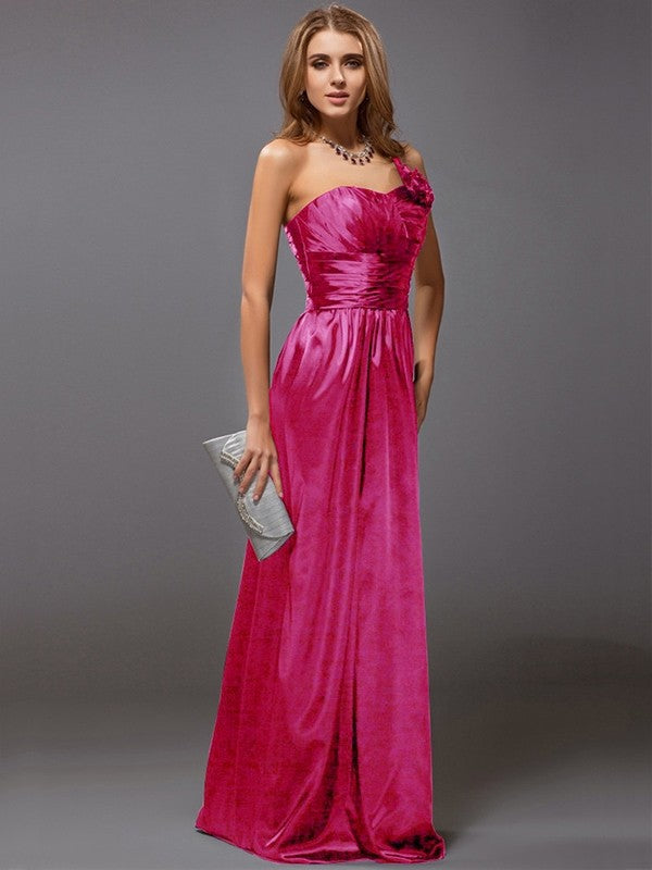 Sheath/Column One-Shoulder Sleeveless Ruffles Long Satin Bridesmaid Dresses CICIP0005611