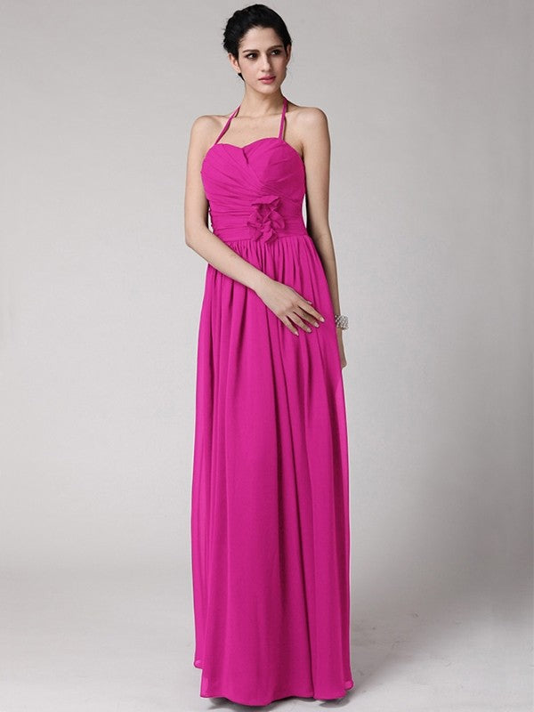 Sheath/Column Halter Sleeveless Hand-Made Flower Long Chiffon Bridesmaid Dresses CICIP0005817