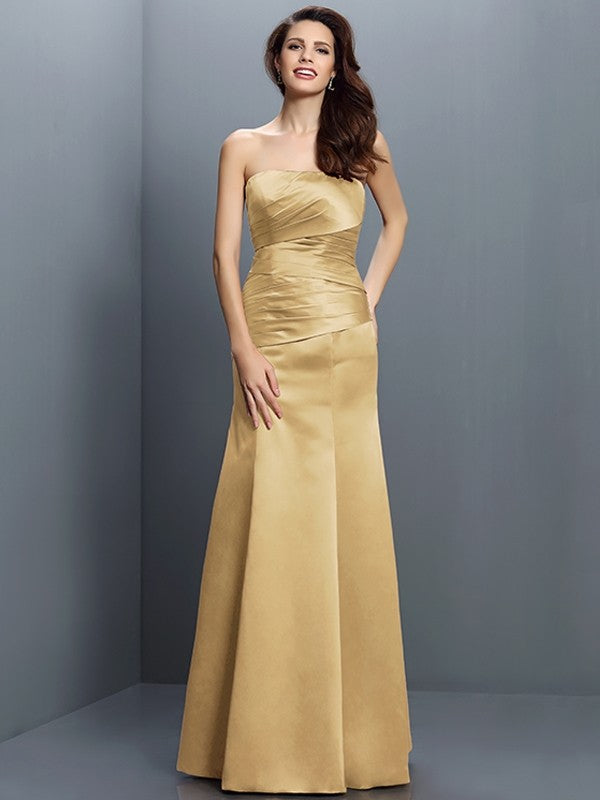 Sheath/Column Strapless Pleats Sleeveless Long Satin Bridesmaid Dresses CICIP0005635