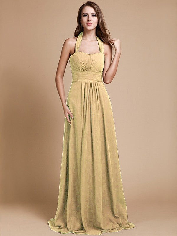 A-Line/Princess Halter Sleeveless Long Ruffles Chiffon Bridesmaid Dresses CICIP0005483