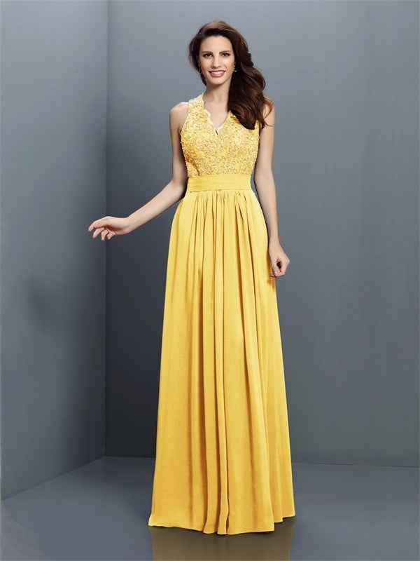 A-Line/Princess V-neck Applique Sleeveless Long Chiffon Bridesmaid Dresses CICIP0005255