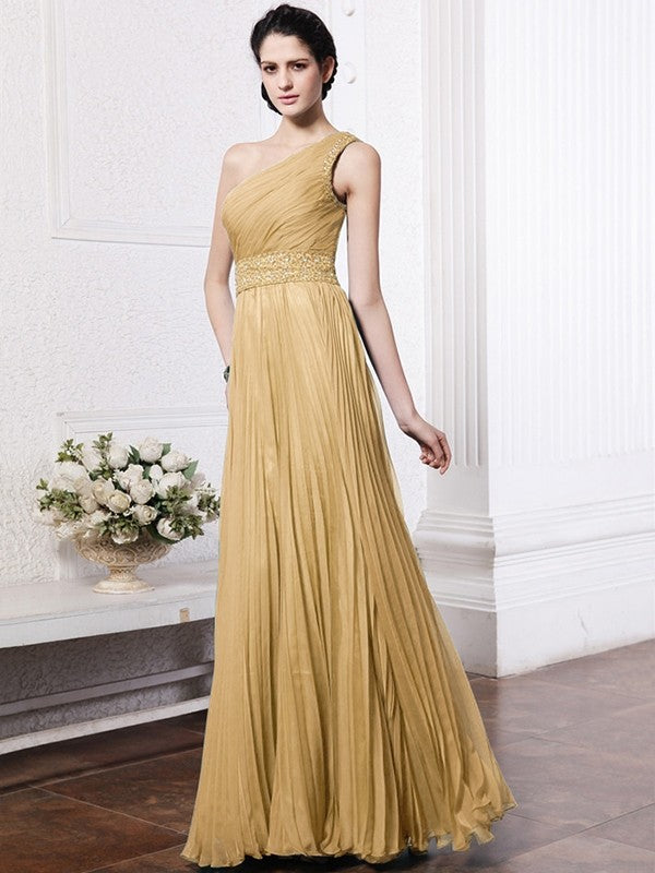 Sheath/Column One-Shoulder Sleeveless Beading Pleats Long Chiffon Bridesmaid Dresses CICIP0005588