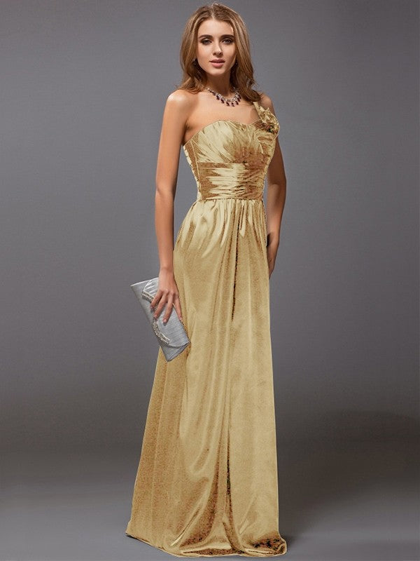 Sheath/Column One-Shoulder Sleeveless Ruffles Long Satin Bridesmaid Dresses CICIP0005611