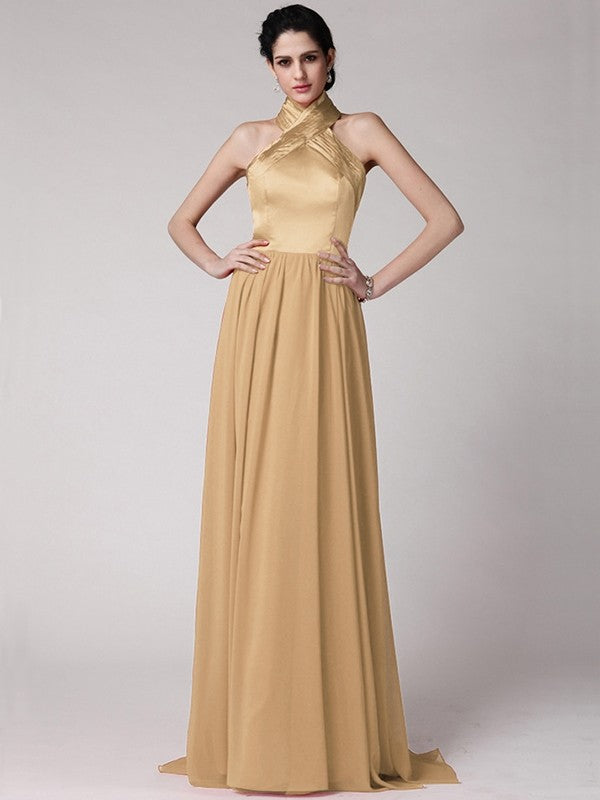 Sheath/Column Halter Sleeveless Pleats Long Elastic Woven Satin Chiffon Bridesmaid Dresses CICIP0005653