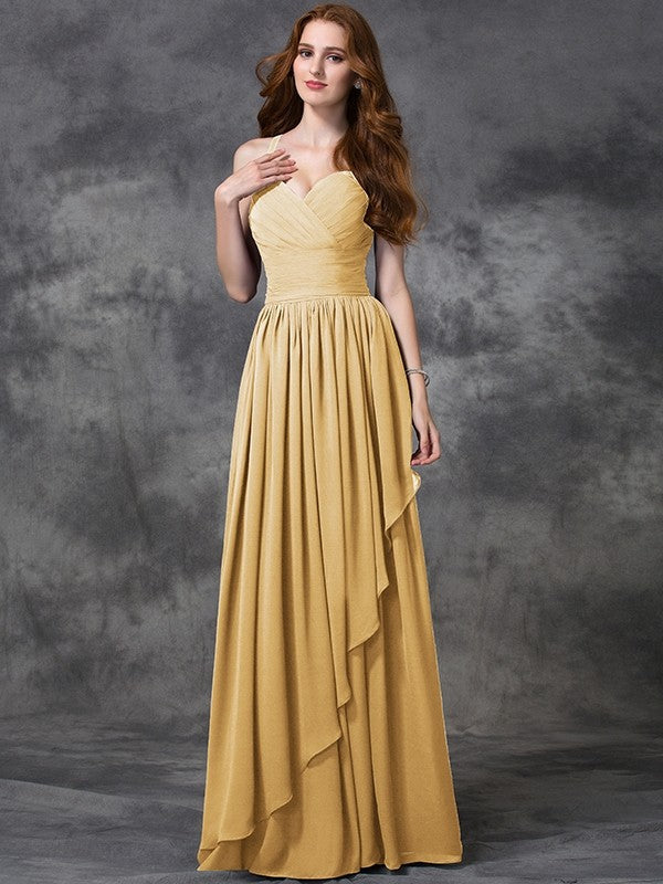 A-line/Princess Spaghetti Straps Sleeveless Long Ruffles Chiffon Bridesmaid Dresses CICIP0005431