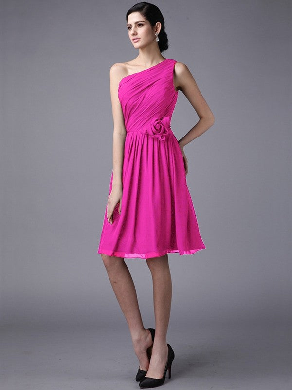 Sheath/Column One-Shoulder Sleeveless Pleats Short Chiffon Bridesmaid Dresses CICIP0005846