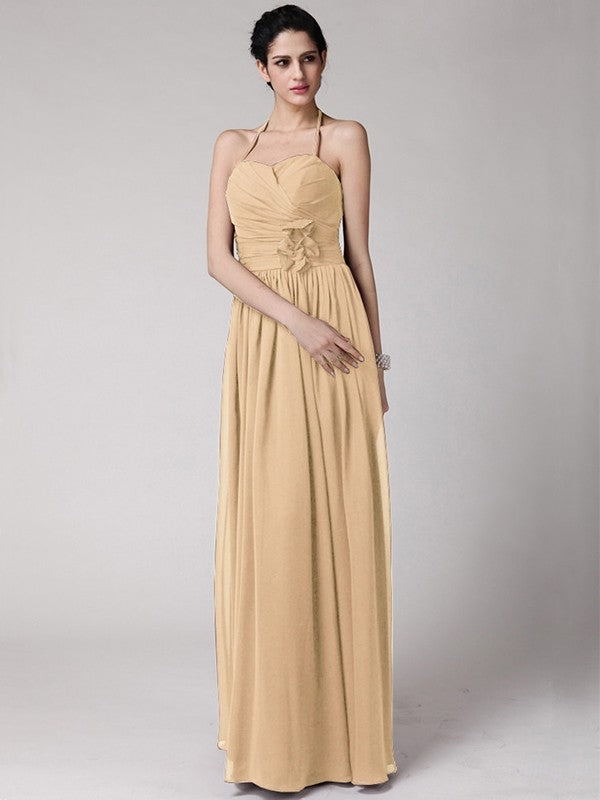 Sheath/Column Halter Sleeveless Hand-Made Flower Long Chiffon Bridesmaid Dresses CICIP0005817