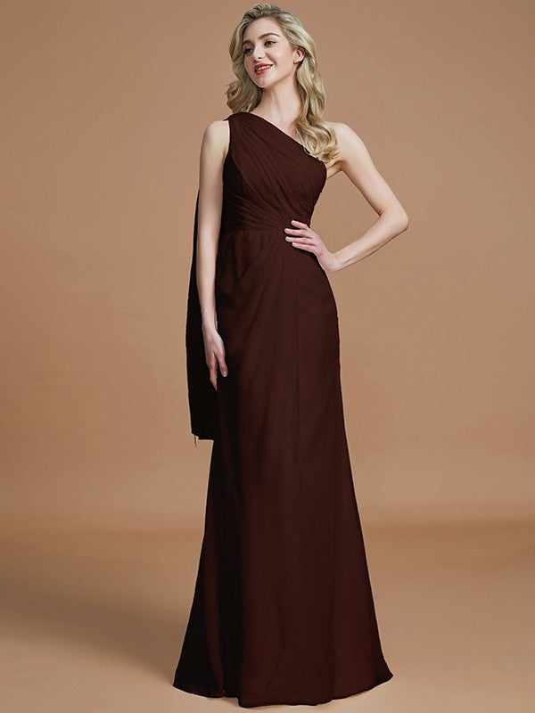 Sheath/Column One-Shoulder Sleeveless Floor-Length Chiffon Bridesmaid Dresses CICIP0005565