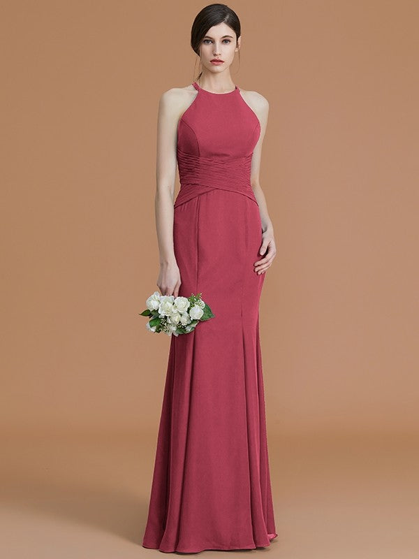 Trumpet/Mermaid Halter Sleeveless Floor-Length Ruched Chiffon Bridesmaid Dresses CICIP0005544