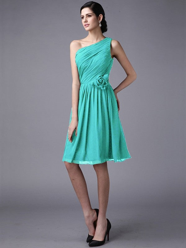 Sheath/Column One-Shoulder Sleeveless Pleats Short Chiffon Bridesmaid Dresses CICIP0005846