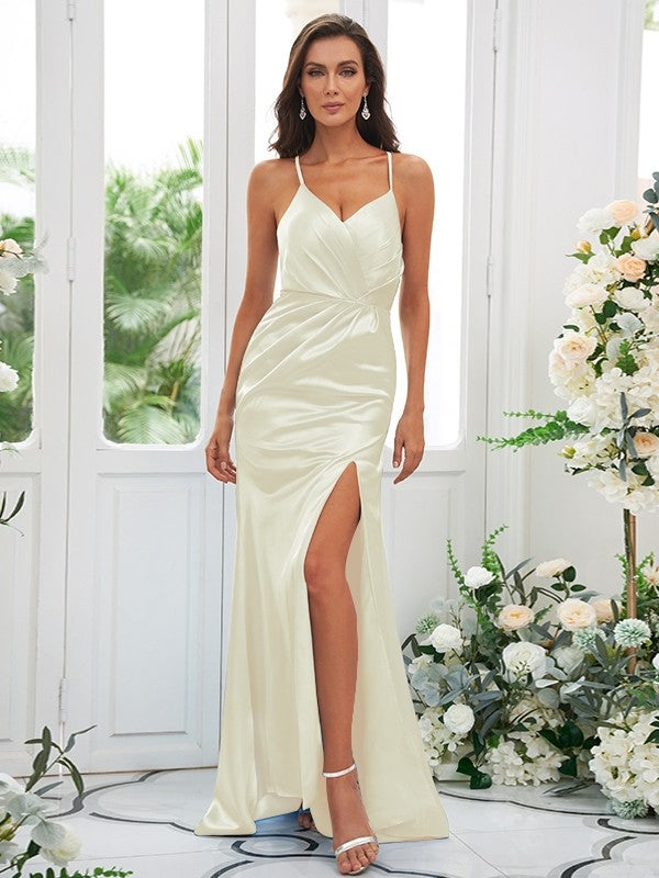 Sheath/Column Elastic Woven Satin Ruched Spaghetti Straps Sleeveless Sweep/Brush Train Bridesmaid Dresses CICIP0004935