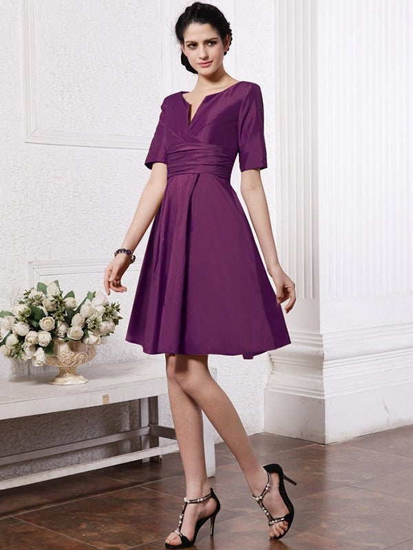 Sheath/Column V-neck Half Sleeves Pleats Taffeta Bridesmaid Dresses CICIP0005658