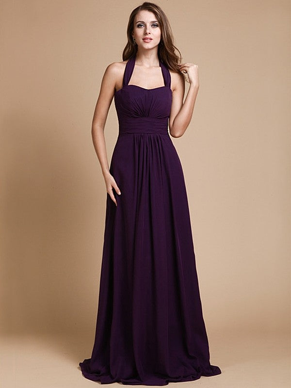 A-Line/Princess Halter Sleeveless Long Ruffles Chiffon Bridesmaid Dresses CICIP0005483